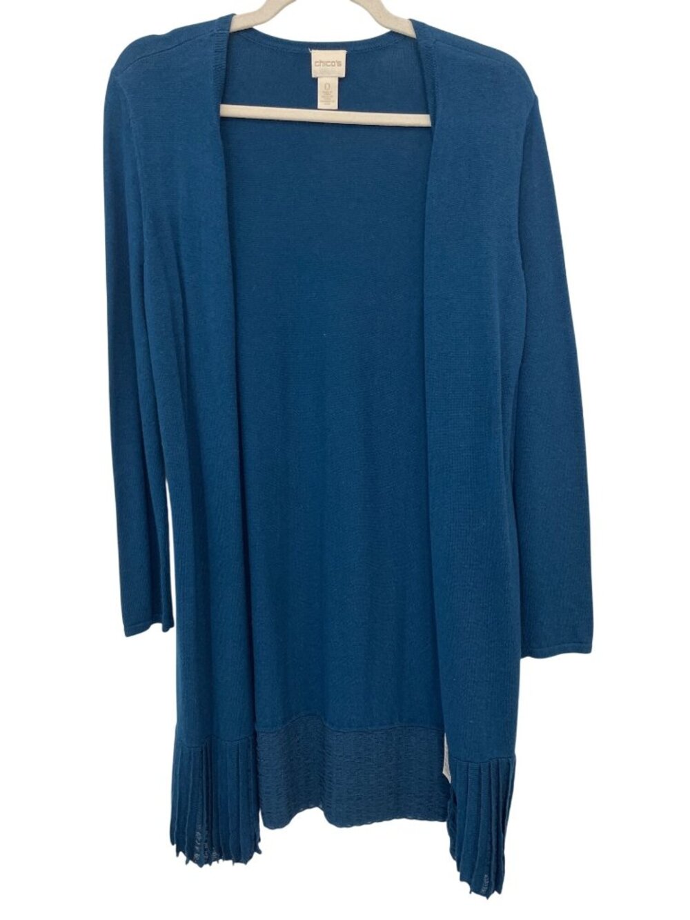 Chicos Cardigan Sweater Small Open Front Long Sleeve Pleated Hem Blue Knitwear